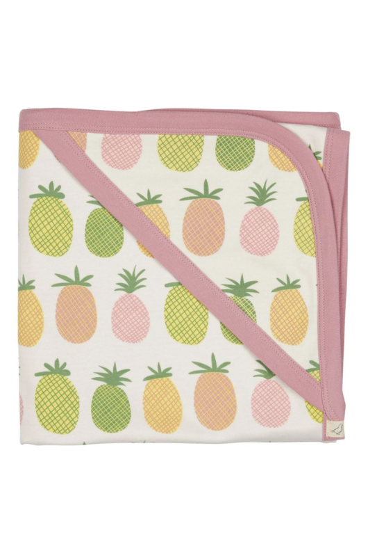 Pigeon Organics Hooded Blanket. A soft, double thickness blanket with pink multicoloured pineapple print.