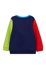 Lighthouse Finn Jersey. A boys sweatshirt with a crew neckline, a navy torso with one red sleeve and one lime sleeve