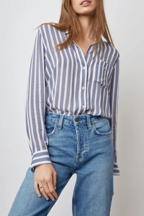 An image of a female model wearing the Rails Josephine Shirt in the colour Turin Stripe.