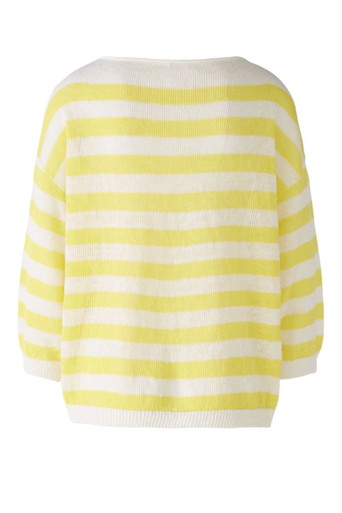 Oui 3/4 Sleeve Stripe Jumper. A lightweight jumper with 3/4 length sleeves, round neckline, and yellow/white striped pattern.