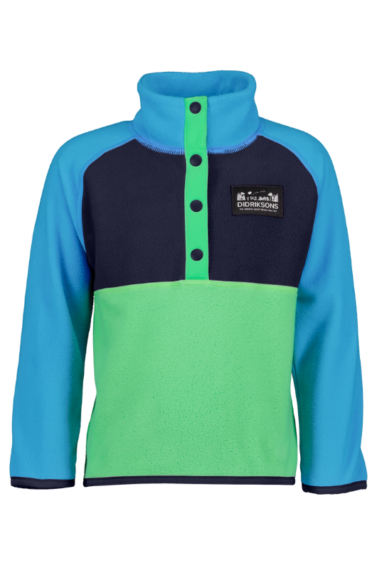 Didriksons Monte 3 Button Fleece. A boys mid-layer sweater in a green & blue design and a button placket, elastic binding on the sleeve and a thermal, microfleece finish.