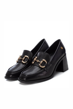 Carmela Heeled Leather Loafer. A pair of 7cm heeled black loafers with buckle detail.