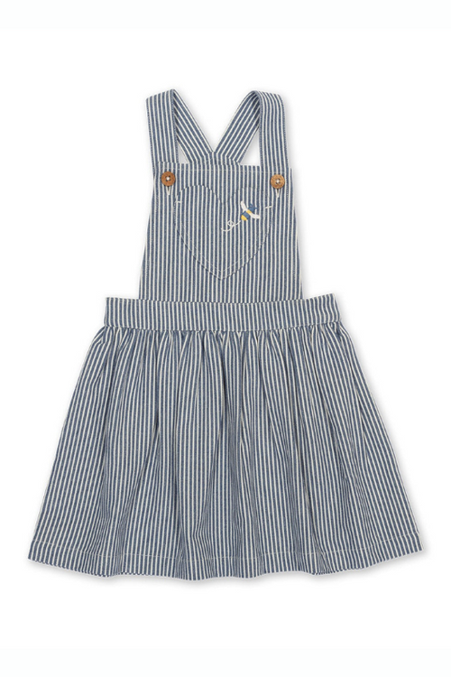 Kite Pinafore. A striped pinafore with heart pocket and bumble bee embroidery. This pinafore has adjustable straps and elasticated waistband.