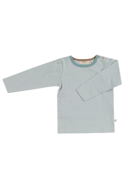 Pigeon Organics Long Sleeve Stripe T-Shirt. A long sleeve, round neck T-shirt with turquoise stripes.