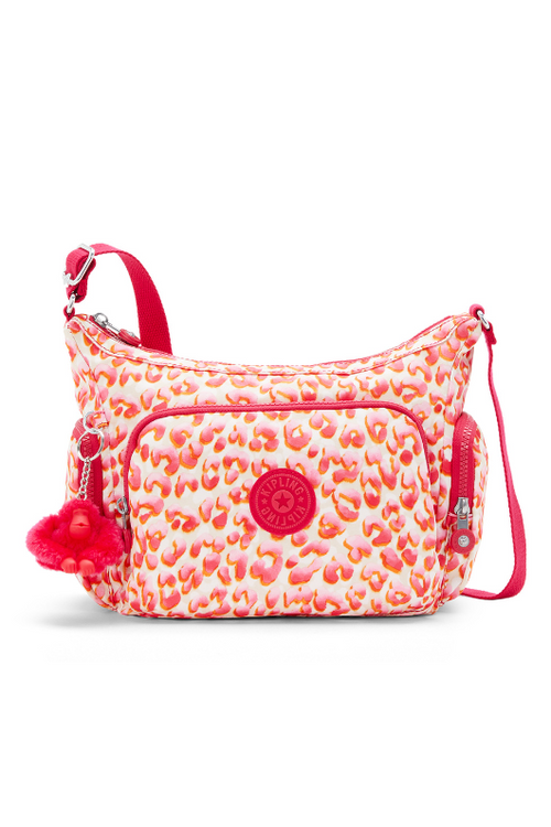 Kipling Gabb S Crossbody Bag with Latin Cheetah design, multiple interior & exterior pockets, and an iconic Kipling monkey keychain