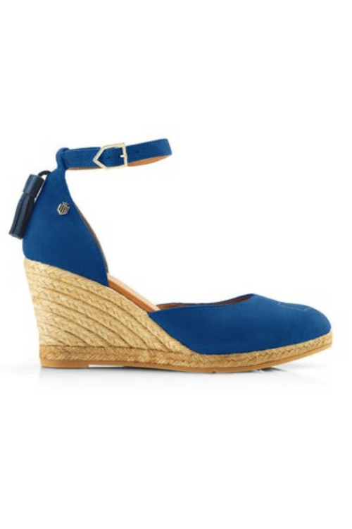 Fairfax & Favor Monaco Wedge Sandal. A pair of Porto Blue coloured sandals with tonal embroidered toe, tassel detail, wedge heel, and espadrille style sole.