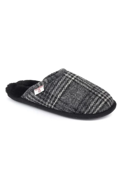 An image of the Bedroom Athletics William Harris Tweed Mule Slippers in the colour grey/black.