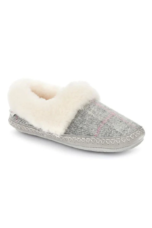 An image of the Bedroom Athletics Diana Harris Tweed Slippers in the colour grey/pink check.