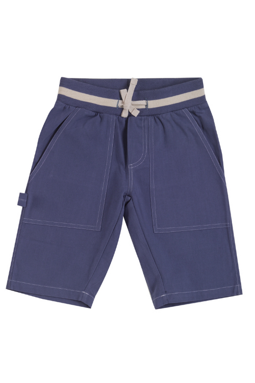 Pigeon Organics Painter Shorts. A pair of blue shorts with stretchy waistband and deep pockets.