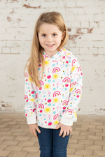 Lighthouse Jessie Hoodie. A regular fit, kids hoodie with a cosy jersey lined hood and a sweet rainbows and sunshine design on a white background.