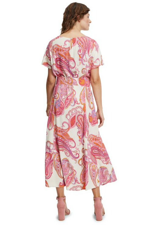 An image of the Betty Barclay Cap Sleeve Dress in midi length with pink paisley print.