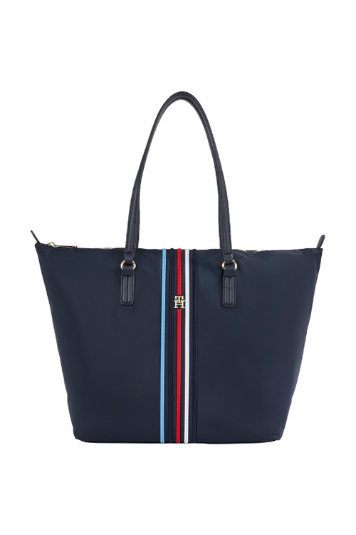 An image of the Tommy Hilfiger Signature TH Monogram Small Tote in the colour Space Blue.