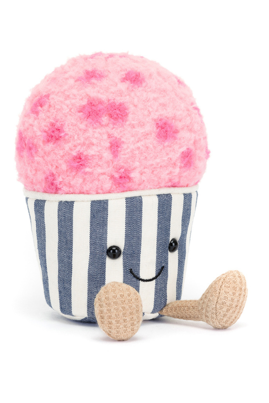 Jellycat Amuseable Gelato. A soft toy with pink gelato scoop, waffle feet and striped blue and cream tub.