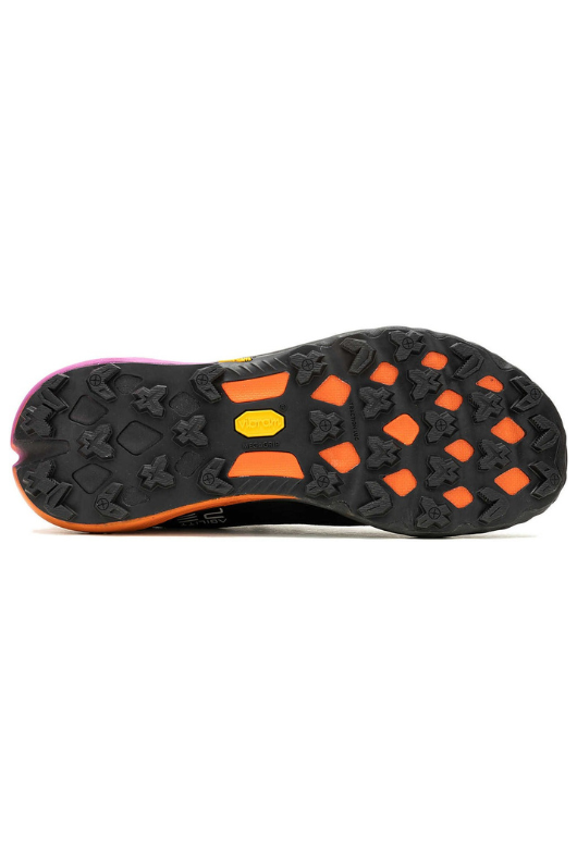 Merrell Agility Peak 5 Trainer. A pair of black/orange/pink trainers that are lightweight, with enhanced grip and traction.