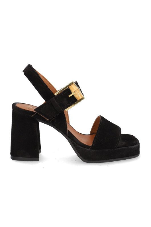 Alpe Platform Sandal. Black, block heel sandals with gold buckle fastening, an open toe, and a 9cm heel