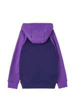 Lighthouse Jill Hoodie. A girls hooded jumper with a kangaroo pocket, purple sleeves & hood, and a fun purple tractor design on the front.