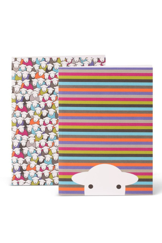 An image of The Herdy Company A5 Notebook- 2 Pack. One notebook has a multi-colour stripe cover with a sheep peering up from the bottom of the front cover. The other has a colourful design with multiple sheep.