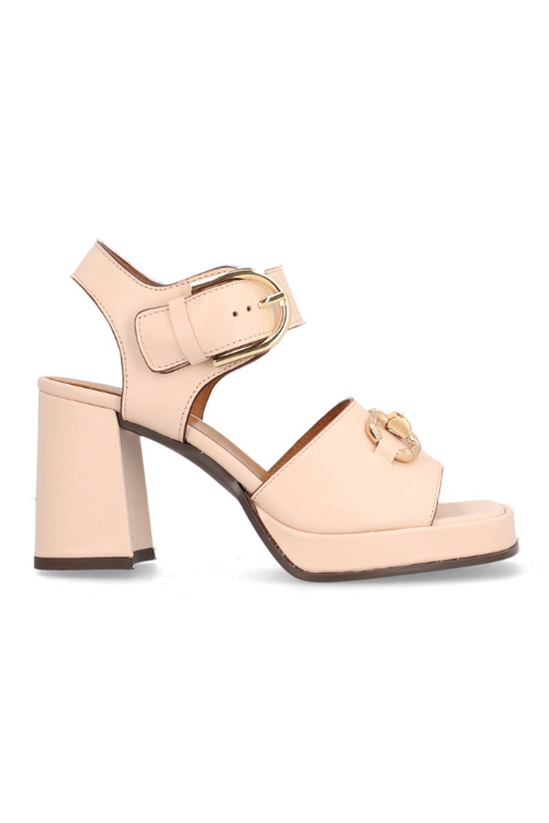 Alpe Platform Sandal. A light rose, block heel sandal with a thick buckle strap, open toe, and gold chain detailing