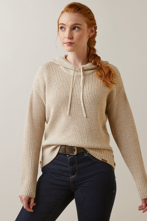 An image of a female model wearing the Ariat Los Altos Sweater in the colour Oatmeal Heather.