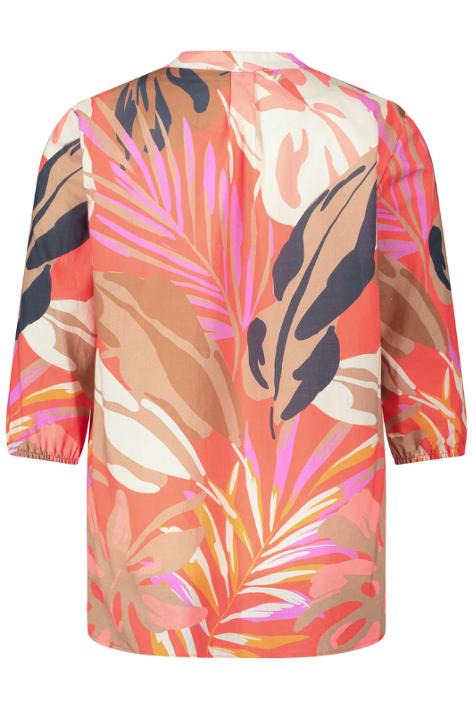 An image of the Betty Barclay Leaf Print Tunic-Style Blouse in the colour Red/Beige.