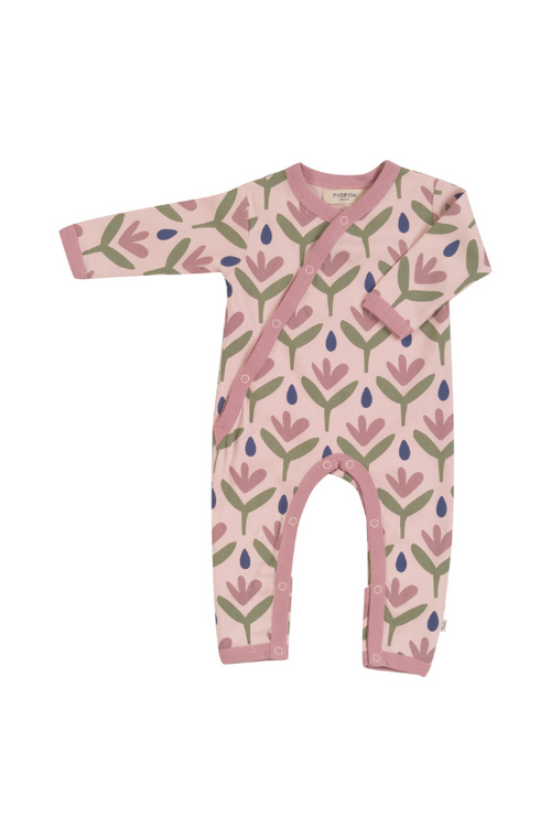 Pigeon Organics Kimono Romper. A long sleeve baby grow in a kimono style with pink floral print.