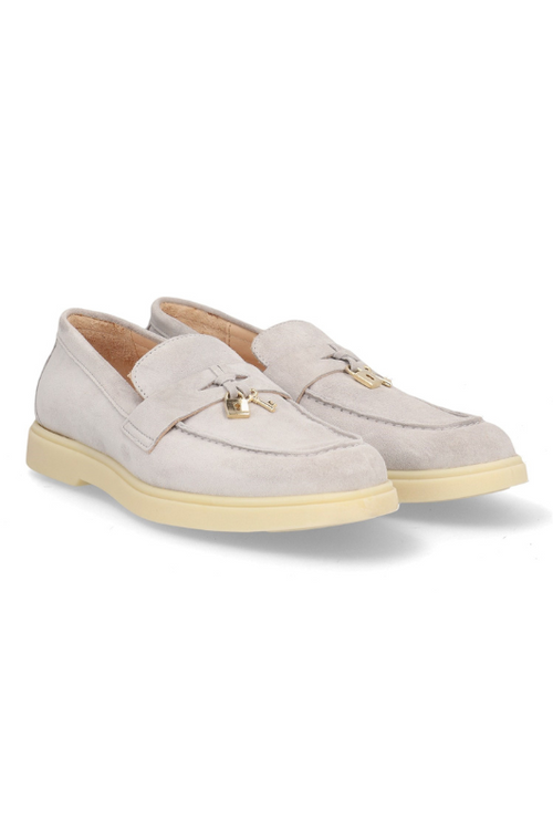 Alpe Suede Loafer in grey colour with a 1cm heel, and a small lock & key charm on the front.