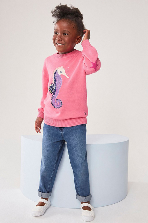 An image of a girl model wearing the Crew Clothing Seahorse Jumper in the colour Pink.