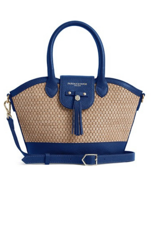 Fairfax & Favor Mini Windsor Leather Basket Bag. A basket bag with Porto Blue coloured details, tassel, crossbody strap, and studded base.