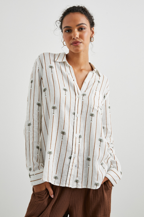 Rails Charli Shirt. A lightweight, linen women's shirt with a button down design, and a cool palm tree & stripe pattern on a white background.