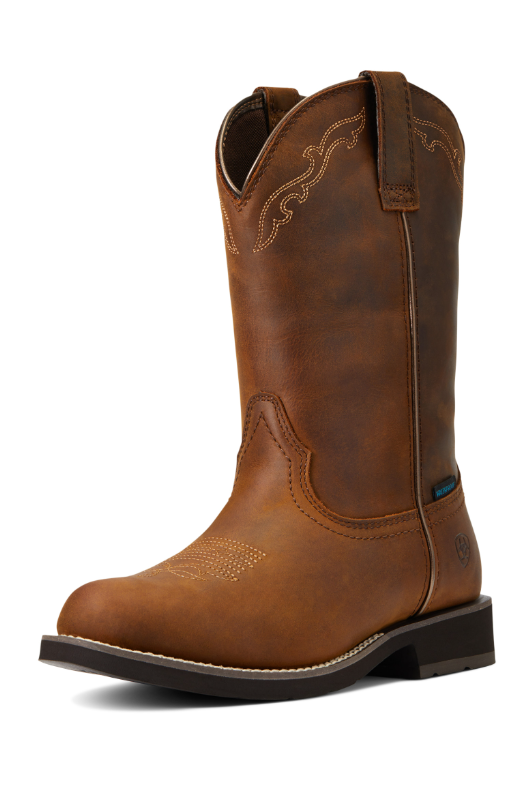 An image of the Ariat Delilah Round Toe Waterproof Western Boot in the colour Distressed Brown.
