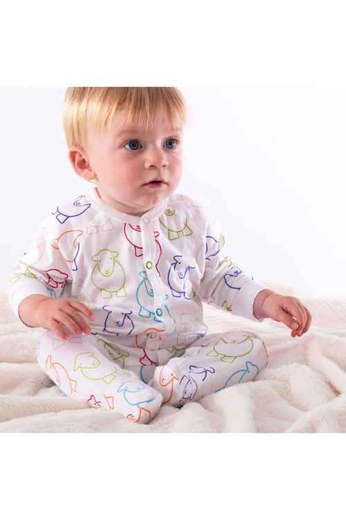 An image of the Herdy Company's Baby Marra Sleepsuit with colourful sheep outlines all-over.