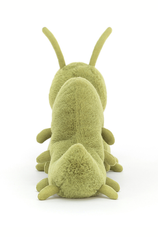 Jellycat Wriggidig Caterpillar. A wriggly green caterpillar soft toy with long antenna and smiling face.