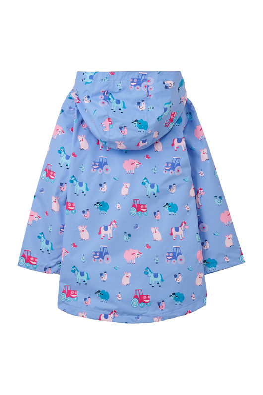 Lighthouse Olivia Jacket. A lightweight, waterproof kids coat with a soft jersey lining, two front pockets, a zip-up front, and a cute farm animal design on a lilac background.