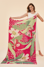 Powder Printed Scarf. A large rectangular scarf with a pretty, red tropical print.
