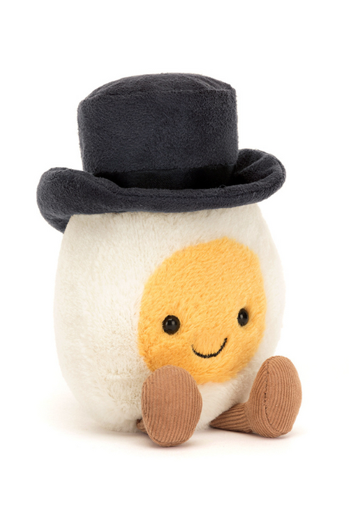 Jellycat Amuseable Boiled Egg Groom. A soft toy egg wearing a grooms black top hat.