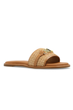 An image of the Michael Kors Ember Embellished Straw Slide Sandal in the colour Pale Peanut.