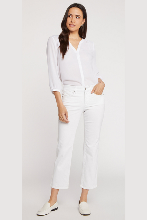 N.Y.D.J Marilyn Straight Ankle Jean. Women's cropped jeans with button & zip fastening, pockets, and a crisp white finish.