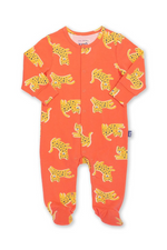 Kite Sleepsuit. An orange leopard print sleepsuit with poppers and built in scratch mitts up to 6 months.