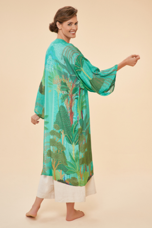 Powder Secret Paradise Gown. A long-length, kimono gown with a waist tie and a vibrant turquoise print.