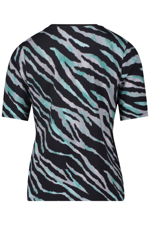 An image of the Betty Barclay Animal Print Short Sleeve T-Shirt, with short sleeves, round neckline, and animal print. Petrol/Black.