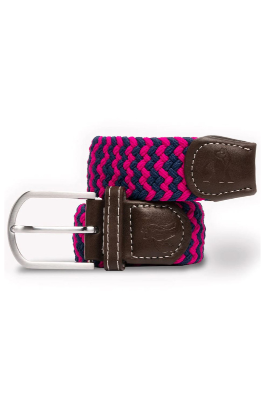 Swole Panda Zigzag Woven Belt. A bright, eye-catching men's belt with a navy and pink zigzag woven design.