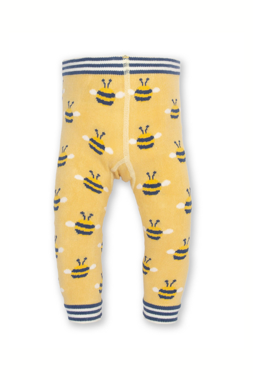 Kite Knit Leggings. A pair of yellow knit leggings with bumble bee print and striped cuffs.