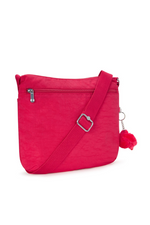 Kipling Arto Shoulder Bag. An across body bag in vibrant pink with an outer zip pocket, round Kipling logo on the front and a Kipling fluffy monkey keychain.