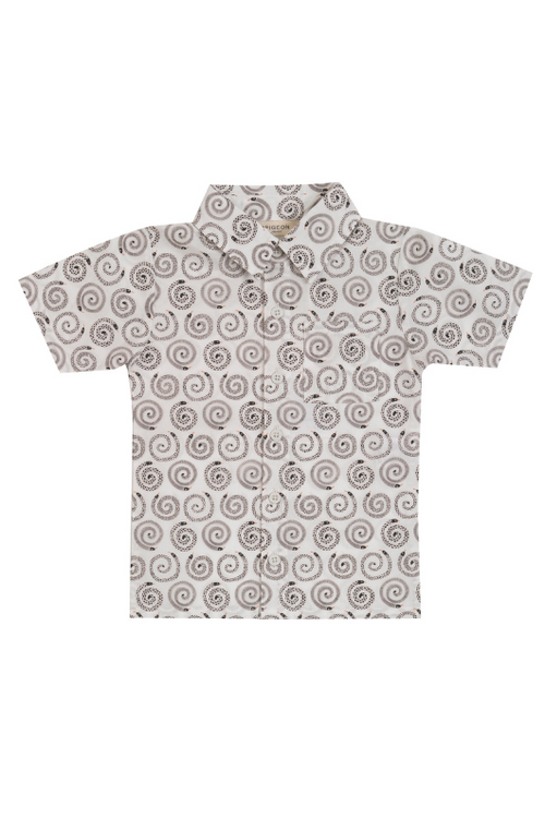 Pigeon Organics Woven Shirt. A short sleeve collared shirt with grey snake print.