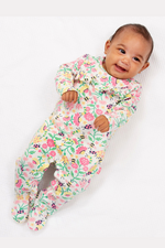 Kite Sleepsuit. A multicoloured floral sleepsuit with poppers and scratch mitts up to 6 months.