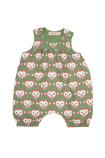 Pigeon Organics Baby Playsuit. This playsuit is sleeveless with buttons on the shoulders, convenient poppers and a cute green monkey pattern.