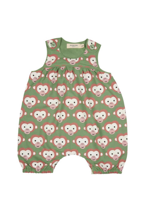 Pigeon Organics Baby Playsuit. This playsuit is sleeveless with buttons on the shoulders, convenient poppers and a cute green monkey pattern.