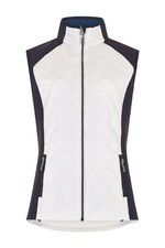 Dubarry Redbarn Gilet in White with Navy detail on the sides. A zip-up gilet with a dipped back hem and rib knit cuff detail