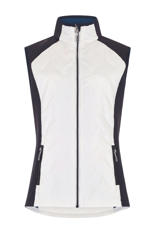 Dubarry Redbarn Gilet in White with Navy detail on the sides. A zip-up gilet with a dipped back hem and rib knit cuff detail