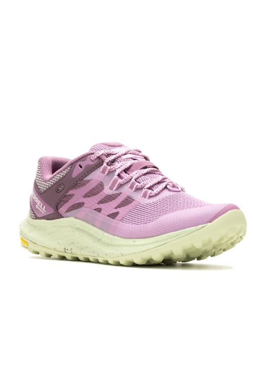 Merrell Antora 3 Goretex Trainer. A trail running shoe with breathable mesh, a padded collar, and a fun green sole with a purple upper